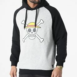 Coupon 🤩 Sweat Capuche Mugiwara Jolly Roger Gris Chiné Noir de Capslab 🎁